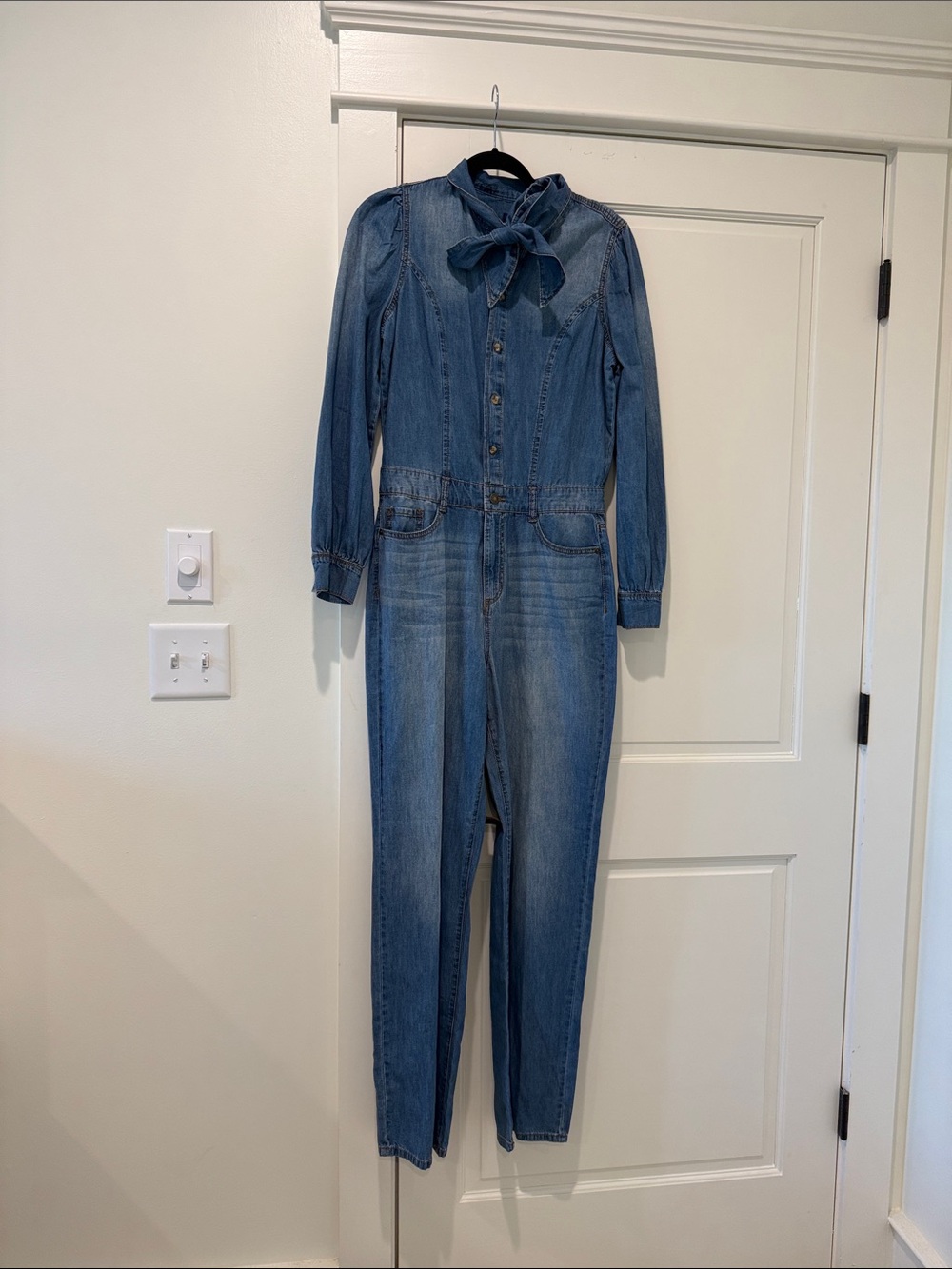 Women's Blue Denim Tie-Neck Overalls Jumpsuit